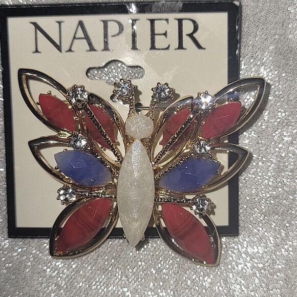 Napier Gold Butterfly Brooch with Red, Blue, and White Gems - Picture 2 of 2